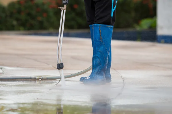 Close up Outdoor floor cleaning with high pressure water jet — Stock Photo, Image