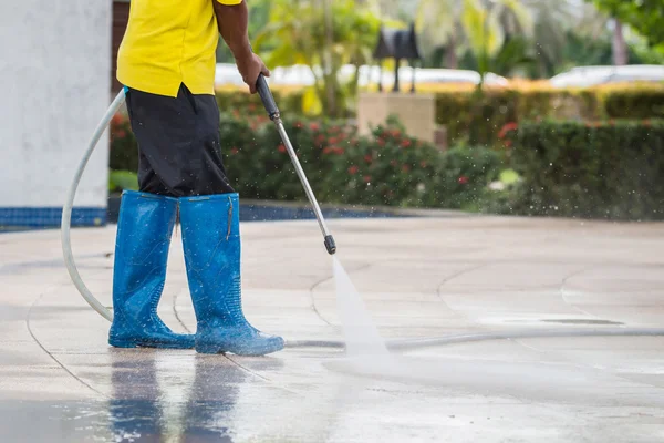 Close up Outdoor floor cleaning with high pressure water jet — Stock Photo, Image