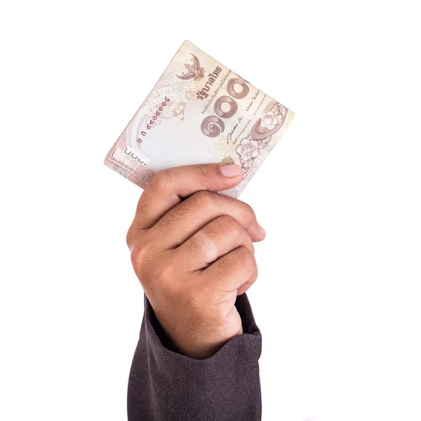 Закрыть тайский бизнесмен держит деньги изолированы на белом — стоковое фото