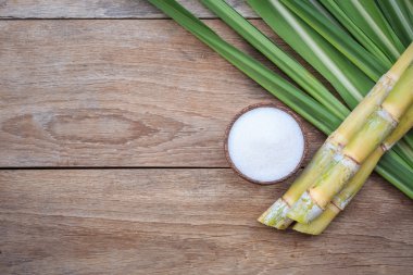 Üstten Görünüm beyaz şeker ve şeker kamışı ve yaprak üzerinde ahşap 