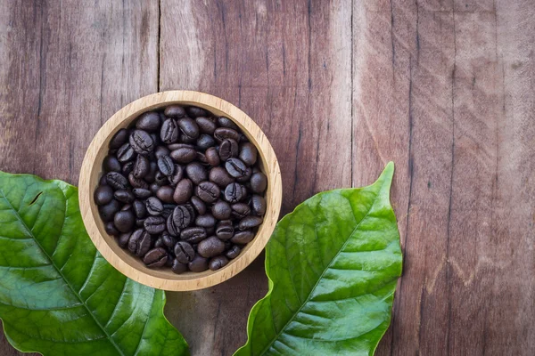 Зеленый лист кофейного дерева и бобы на деревянном фоне — стоковое фото