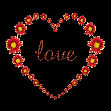 Güzel kalp metnin üzerine siyah izole kırmızı çiçek ve aşk. Kırpma yolu ile kaydedilmiş