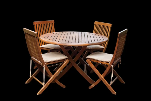 Aantal teak houten tafel en stoelen geïsoleerd op zwart. Met opgeslagen — Stockfoto