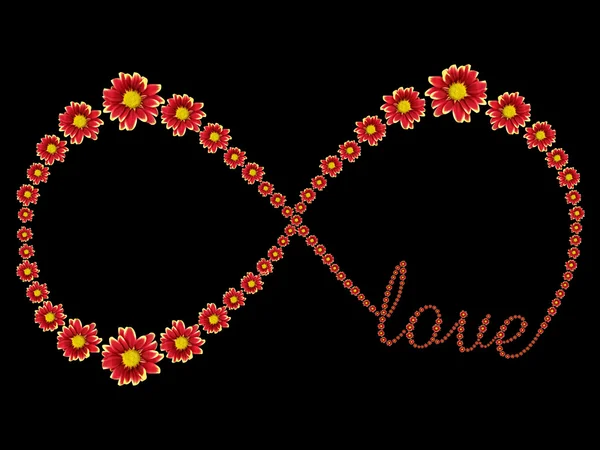 붉은 꽃과 사랑 텍스트 배경에 고립의 무한대 상징. 클리핑 패스와 함께 저장 — 스톡 사진