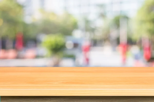 Mesa de madera superior vacía y soleado abstracto borrosa bokeh backgrou —  Fotos de Stock