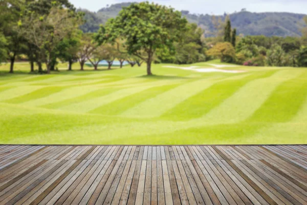 Tarima de madera o suelo y planta en jardín decorativo —  Fotos de Stock