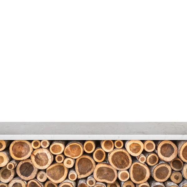Empty top of natural stone table or counter with pile of wood lo — Stock Photo, Image