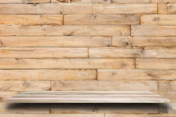 Empty top wooden shelves and wooden wall background