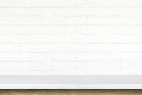 Parte superior vazia da mesa de pedra no fundo da parede de tijolo branco — Fotografia de Stock