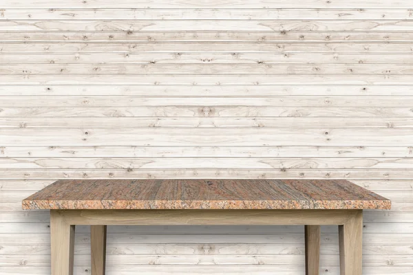 Пустой верх из натурального камня стол и деревянный фон стены — стоковое фото