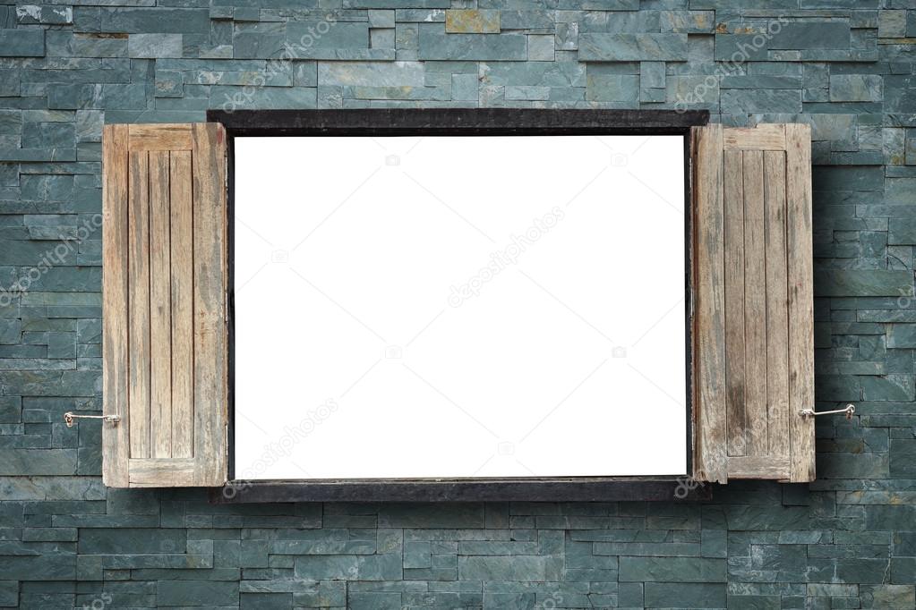 Old wooden windows frame on stone wall with empty space