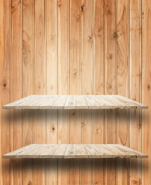 Empty top wooden shelves and wooden wall background — Stock Photo, Image