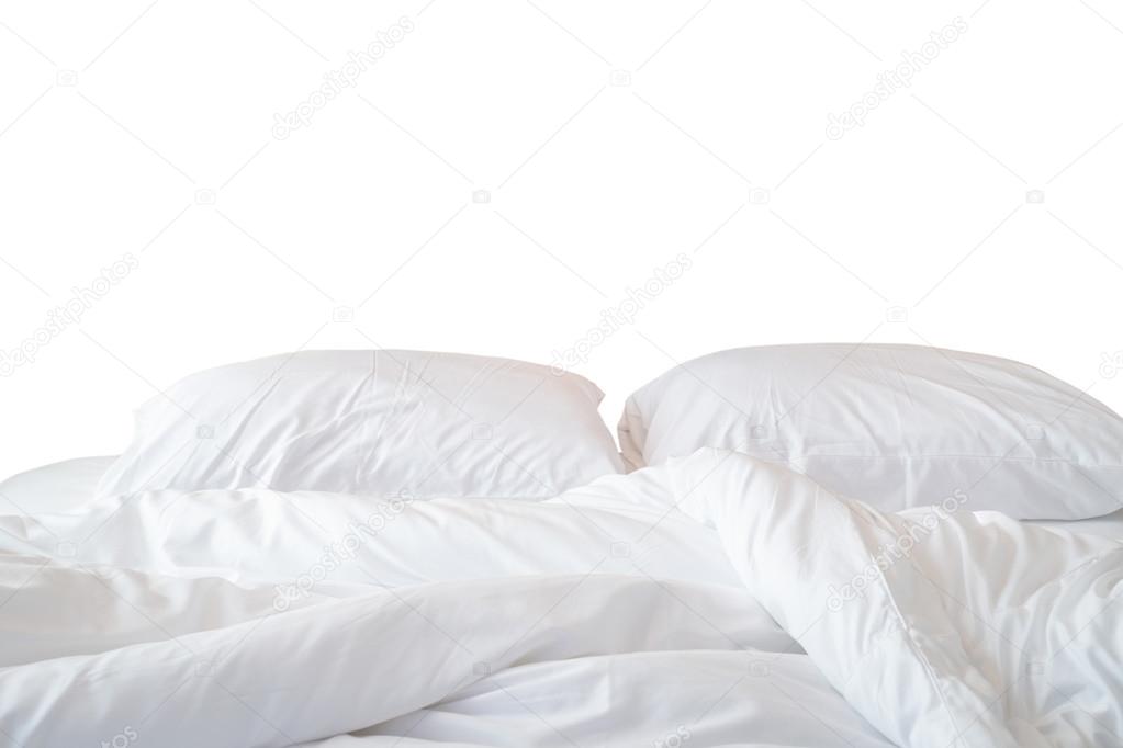 Close up white bedding sheets and pillow isolated on white 