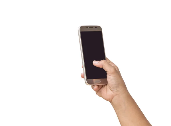 Hand van vrouw met smartphone geïsoleerd op witte achtergrond — Stockfoto