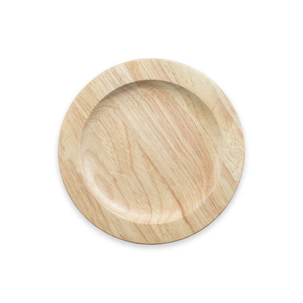 Vista superior plato de madera vacío brillante aislado en blanco. Salvado con — Foto de Stock