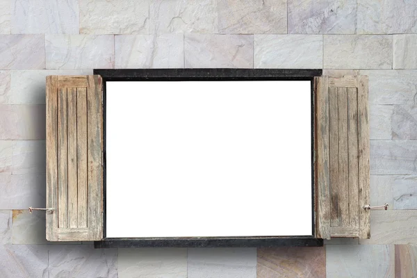 Alte hölzerne Fensterrahmen an Steinmauer mit leerem Raum — Stockfoto