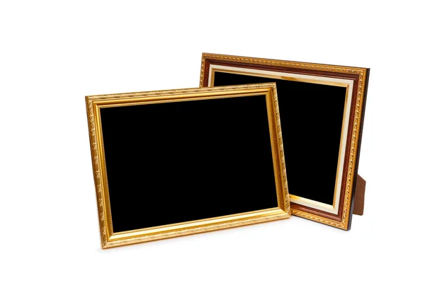 Moldura de foto de madeira vintage de ouro isolado no branco. Salvo com cl — Fotografia de Stock