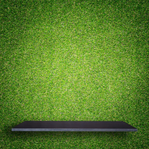 Lege boven aan natuurlijke stenen planken en groene patroon muur backgr — Stockfoto
