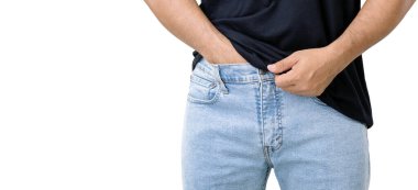 Pain on penis concept : Man use his hands to press on his penis on isolated white background and save with clipping path. Used for Prostate cancer