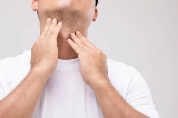 Linfoma Homens Conceito Retrato Homem Asiático Está Tocando Seu Pescoço — Fotografia de Stock