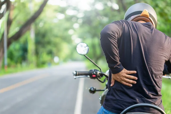 Motorcyclist Pain Tired Concept Man Rider Touching His Back Side — Stock Photo, Image