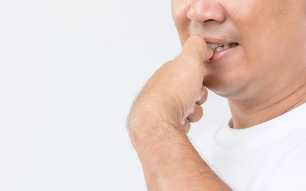 Nail Biting Onychophagia Koncept Porträtt Människor Bita Hans Nagel Studio — Stockfoto