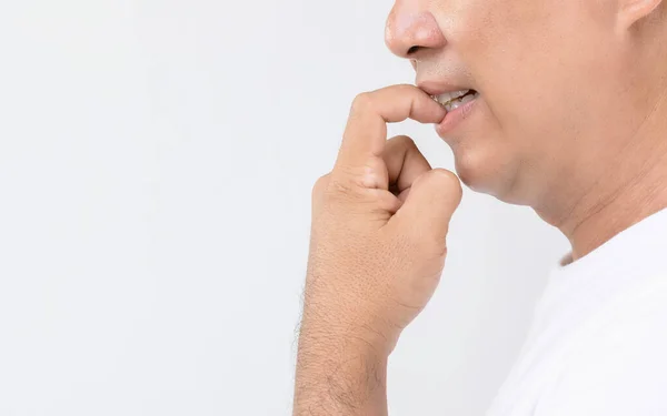 Nail Biting Onychophagia Conceito Retrato Pessoas Mordendo Sua Unha Estúdio — Fotografia de Stock