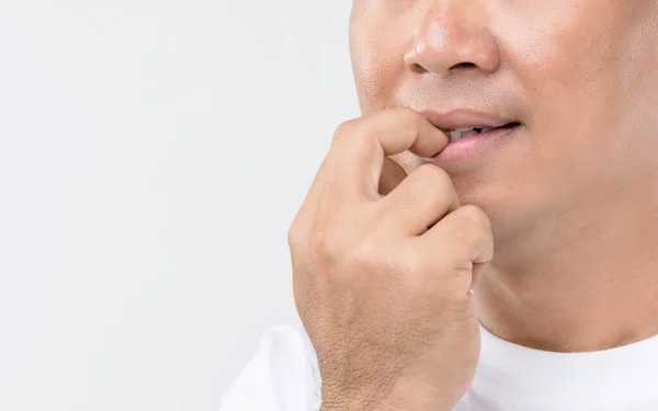 Nail Biting Onychophagia Koncept Porträtt Människor Bita Hans Nagel Studio — Stockfoto