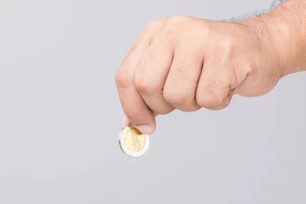 Close Hand Holding Thailand Coin Baht Studio Shot Grey Background — Stock Photo, Image