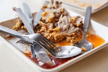 Plaka restoran kızarmış tavuk kalıntıları ile