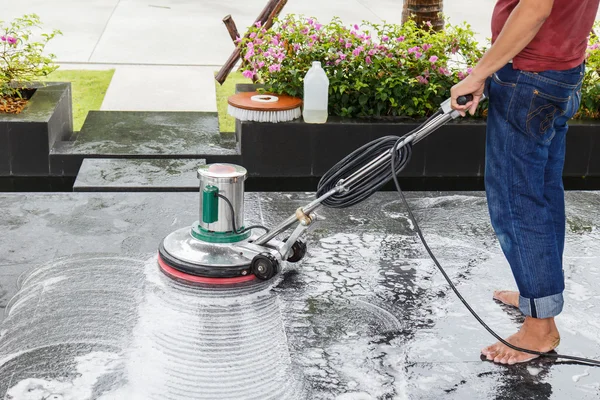 Thai people cleaning black granite floor with machine and chemic — Stock Photo, Image