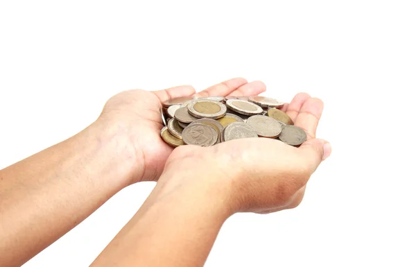 Woman hand holding coin isolates on white background — Stock Photo, Image