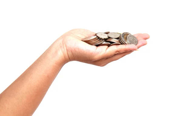 Woman hand holding coin isolates on white background — Stock Photo, Image