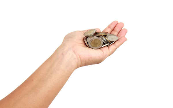 Woman hand holding coin isolates on white background — Stock Photo, Image