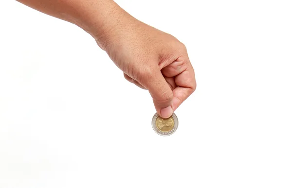 Vrouw hand met munt isoleert op witte achtergrond — Stockfoto