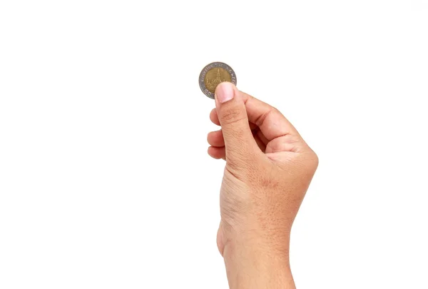 Donna mano in possesso di moneta isola su sfondo bianco — Foto Stock