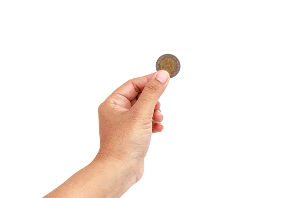 Woman hand holding coin isolates on white background — Stock Photo, Image