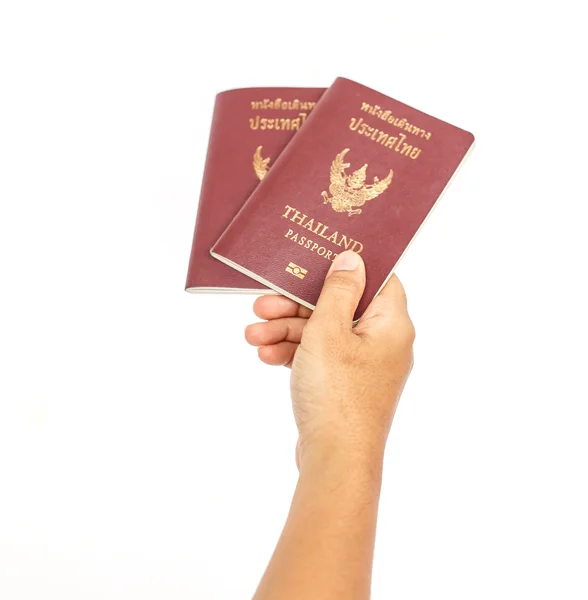 Mão segurando passaporte Tailândia isolado no fundo branco — Fotografia de Stock