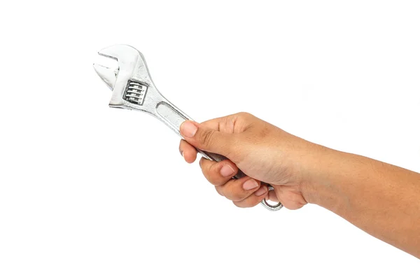 Hand holding wrench isolated on white backgroun — Stock Photo, Image