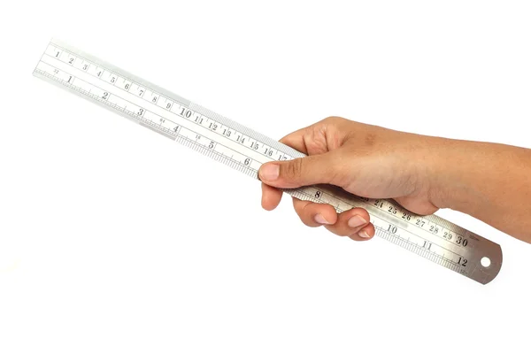 Hand holding ruler isolated on white backgroun — Stock Photo, Image