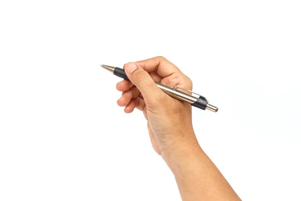 Hand hält Stift isoliert auf weißem Hintergrund Stockbild