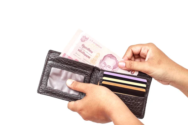 Hand holding Thai money isolated on white. — Stock Photo, Image
