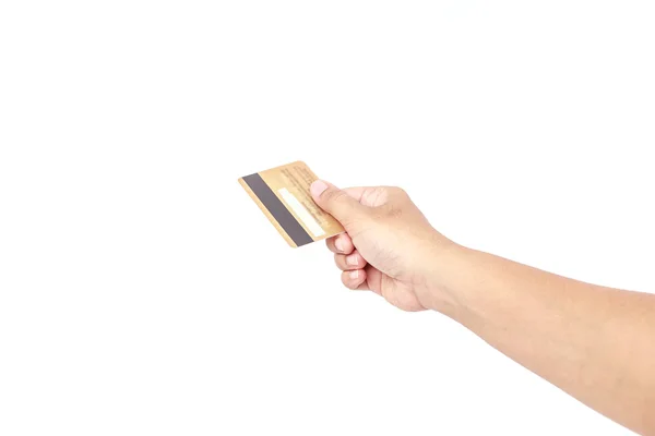 Mano celebración tarjeta de crédito aislada sobre fondo blanco — Foto de Stock