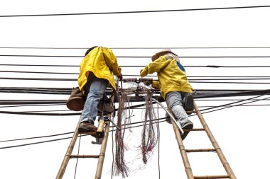 worker on bamboo ladder is repairing telephone line clipart
