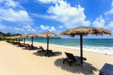 Phuket, Tayland plajda şezlong şemsiye ve güneş standı