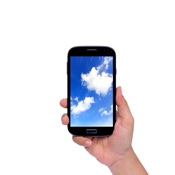 Hand holding smartphone isolated on white background — Stock Photo, Image