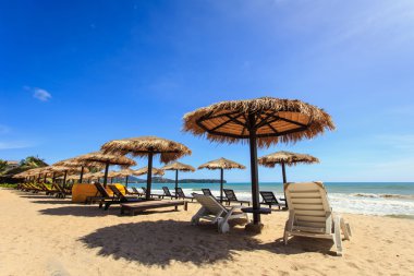 Phuket, Tayland plajda şezlong şemsiye ve güneş standı