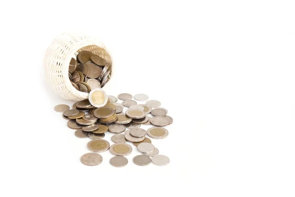 Wooden Basket handmade and stack of coin — Stock Photo, Image