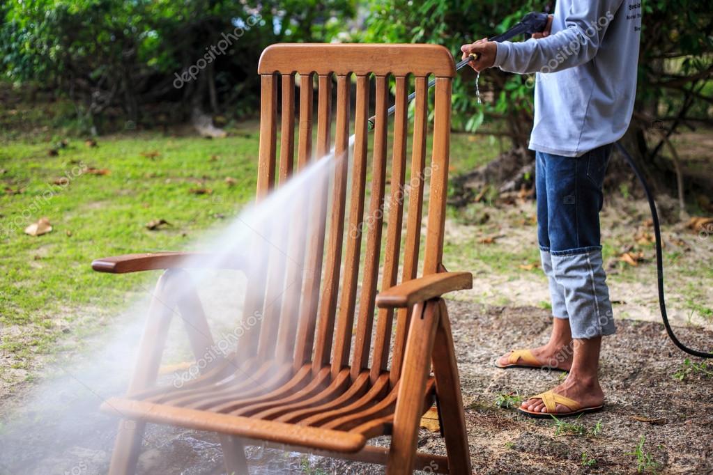 Wooden Chair Cleaning With High Pressure Water Jet Stock