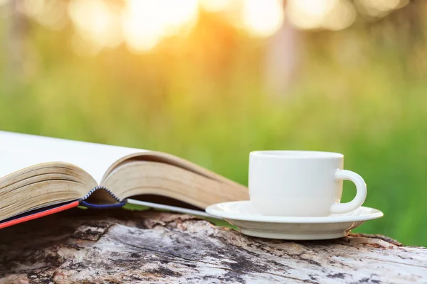 Šálek kávy a kniha o dřevě — Stock fotografie